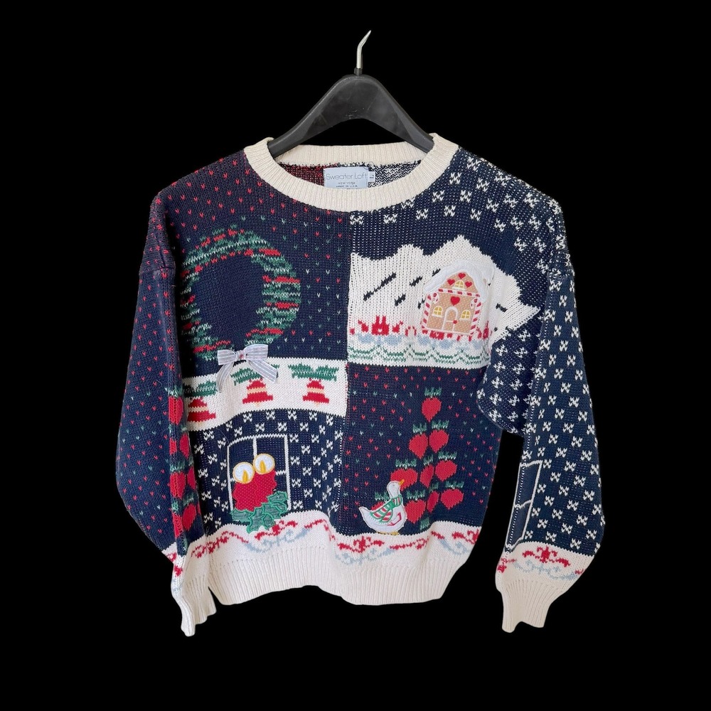Vintage Sweater Loft Christmas Sweater Womens Large Patchwork Gingerbread USA‎